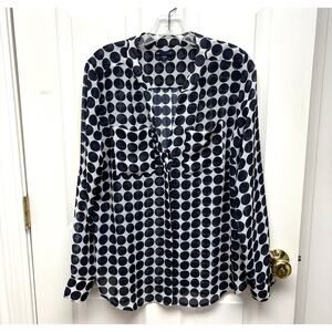 Gap Sheer Navy White Blouse With Navy Polka Dots, Split Neck, Woman's Size M